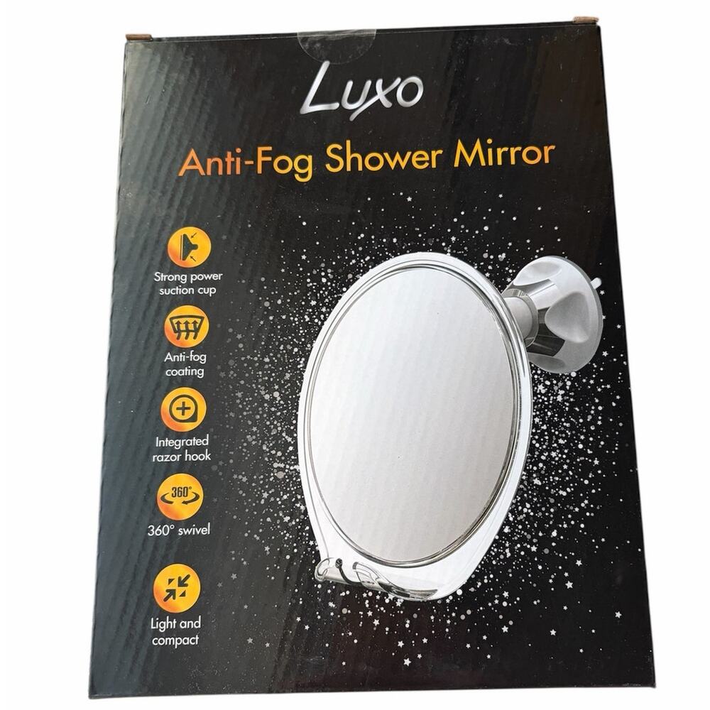 Luxo Anti-Fog Shower Mirror- Suction Cup, 360 Degree Swivel, Razor Hook